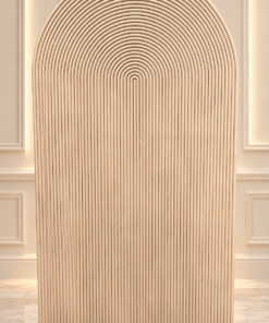 Nude Ripple Arch Wall featuring a rounded top and intricate 3D ribbed texture with concentric curved detailing. Modern neutral event backdrop rental for weddings, birthdays, baby showers, bridal showers, and luxury celebrations by Magic Flowers Event Rentals in Toronto and GTA.