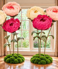 Pink, Fuchsia & White Giant Flowers. Featuring oversized handcrafted flowers in soft blush pink, ivory, cream, and vibrant fuchsia tones, this elegant floral installation brings colour, height, and dimension to any celebration.