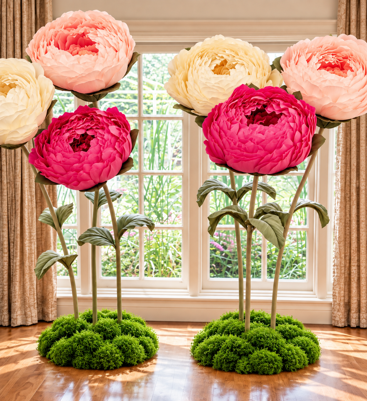 Pink, Fuchsia & White Giant Flowers. Featuring oversized handcrafted flowers in soft blush pink, ivory, cream, and vibrant fuchsia tones, this elegant floral installation brings colour, height, and dimension to any celebration.