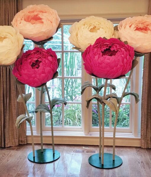 Set of 6 Standing Flowers on metal base (fuchsia, light pink, white)