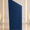 Blue angled backdrop with layered geometric line detailing, measuring approximately 6.5 ft high by 3 ft wide, for birthdays, weddings, corporate events, and modern event displays.