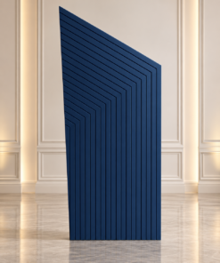 Blue angled backdrop with layered geometric line detailing, measuring approximately 6.5 ft high by 3 ft wide, for birthdays, weddings, corporate events, and modern event displays.