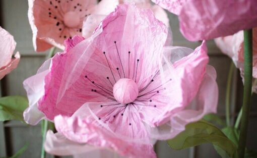 1 Pink Silk & Paper Poppy on metal base