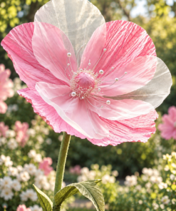 Pink Silk Poppy featuring oversized delicate pink and white translucent petals, intricate pearl-tipped stamens, a soft pink floral centre, and a tall green stem with decorative leaves. Elegant oversized silk flower rental for weddings, bridal showers, baby showers, birthdays, and luxury events by Magic Flowers Event Rentals in Toronto and GTA.