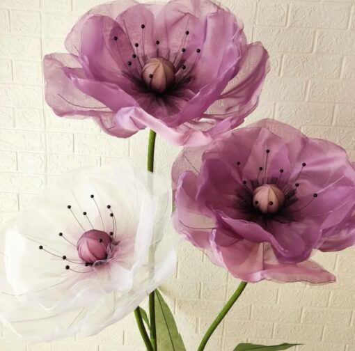 3 Fabric Flowers on metal base
