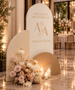 Elegant wedding welcome sign featuring personalized gold lettering on an ivory backdrop, layered champagne gold and cream curved panels, blush pink and white floral arrangements, and romantic glass cylinder candles.