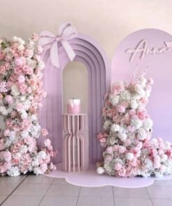 anna butterfly backdrop package with 3d arch and pink floral arrangements