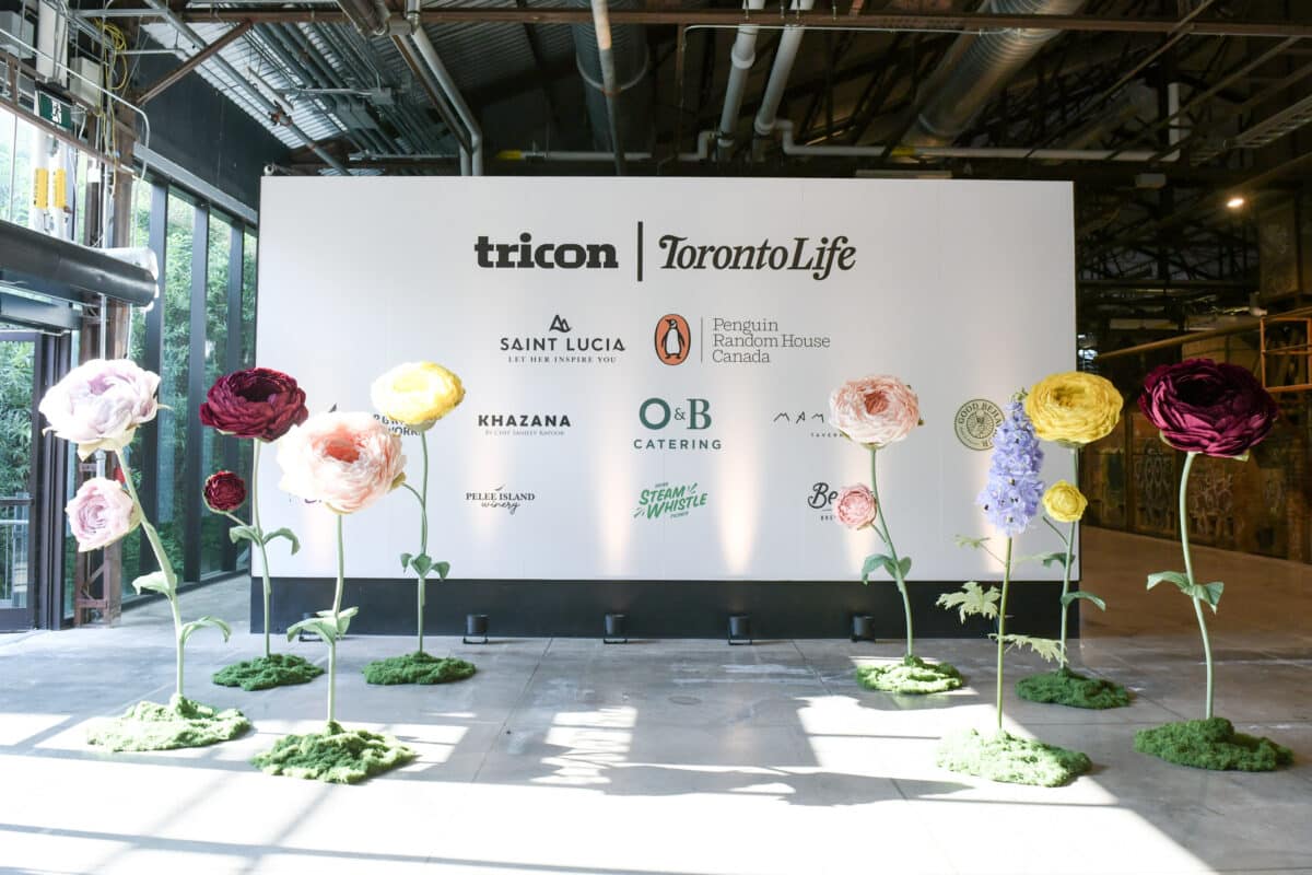 Giant handcrafted event flowers displayed at Toronto Life Garden Party at Evergreen Brick Works, Toronto