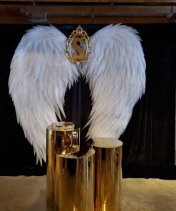 White angel wings backdrop with gold plinths for wedding and event rentals in Toronto and GTA