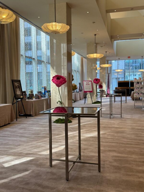 Elegant corporate event decor with giant standing flowers by Magic Flowers Event Rentals at the Ritz-Carlton Toronto during Starlight’s Tea & Tiaras charity gala.