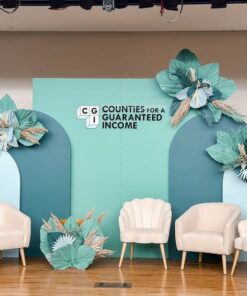 Modern Teal Arch Stage Backdrop, a contemporary and elegant setup designed for conferences, panel discussions, brand launches, corporate galas, and networking events across Toronto and the GTA.