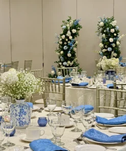 baby blue and white flower cascades and baby breath floral centerpieces