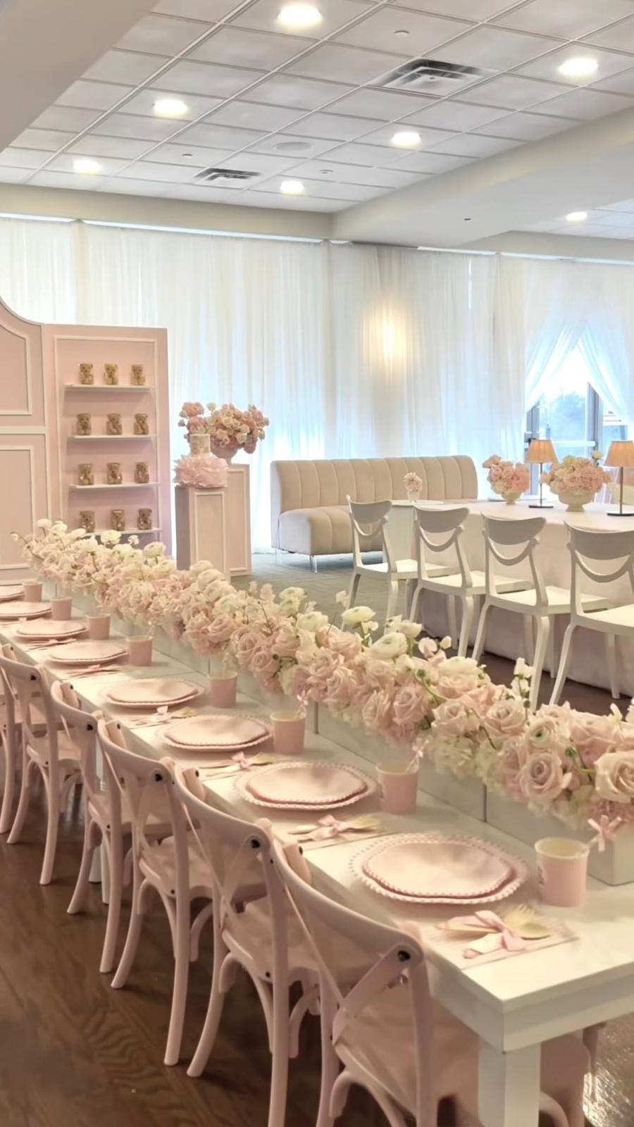 white kids' tables and pink crossback kid's chairs