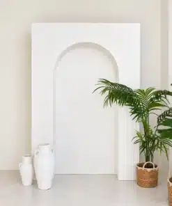 Elegant white photo backdrop measuring 6.5 ft wide by 8 ft tall for weddings, bridal showers, birthdays, and corporate events.