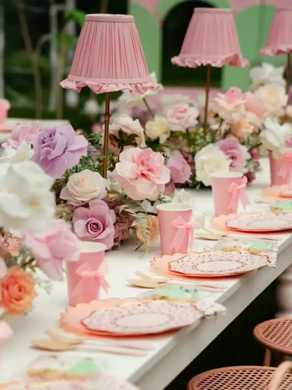 Close-up of a white kids party table featuring pastel floral centerpieces, mini pink lampshades, scalloped plates, and pink cups with bows.