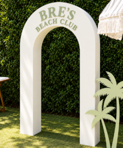 Modern white 3D open arch backdrop with custom lettering, ideal for weddings, bridal showers, birthdays, corporate events, and photo displays.