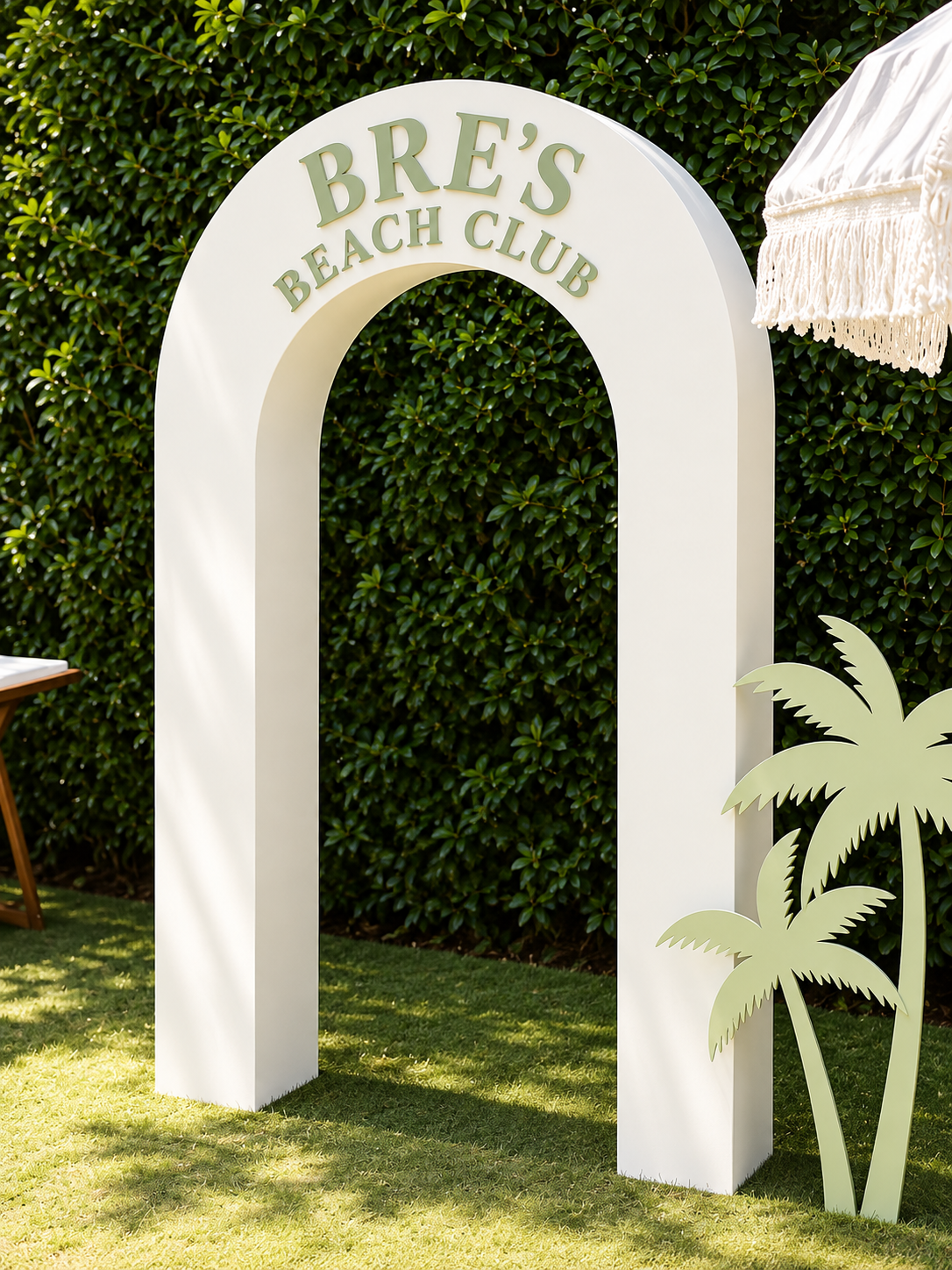 Modern white 3D open arch backdrop with custom lettering, ideal for weddings, bridal showers, birthdays, corporate events, and photo displays.