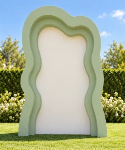Sage green 3D wavy backdrop with a plain ivory centre panel, measuring 7 ft high by 5.5 ft wide, for weddings, showers, birthdays, and event photo displays.