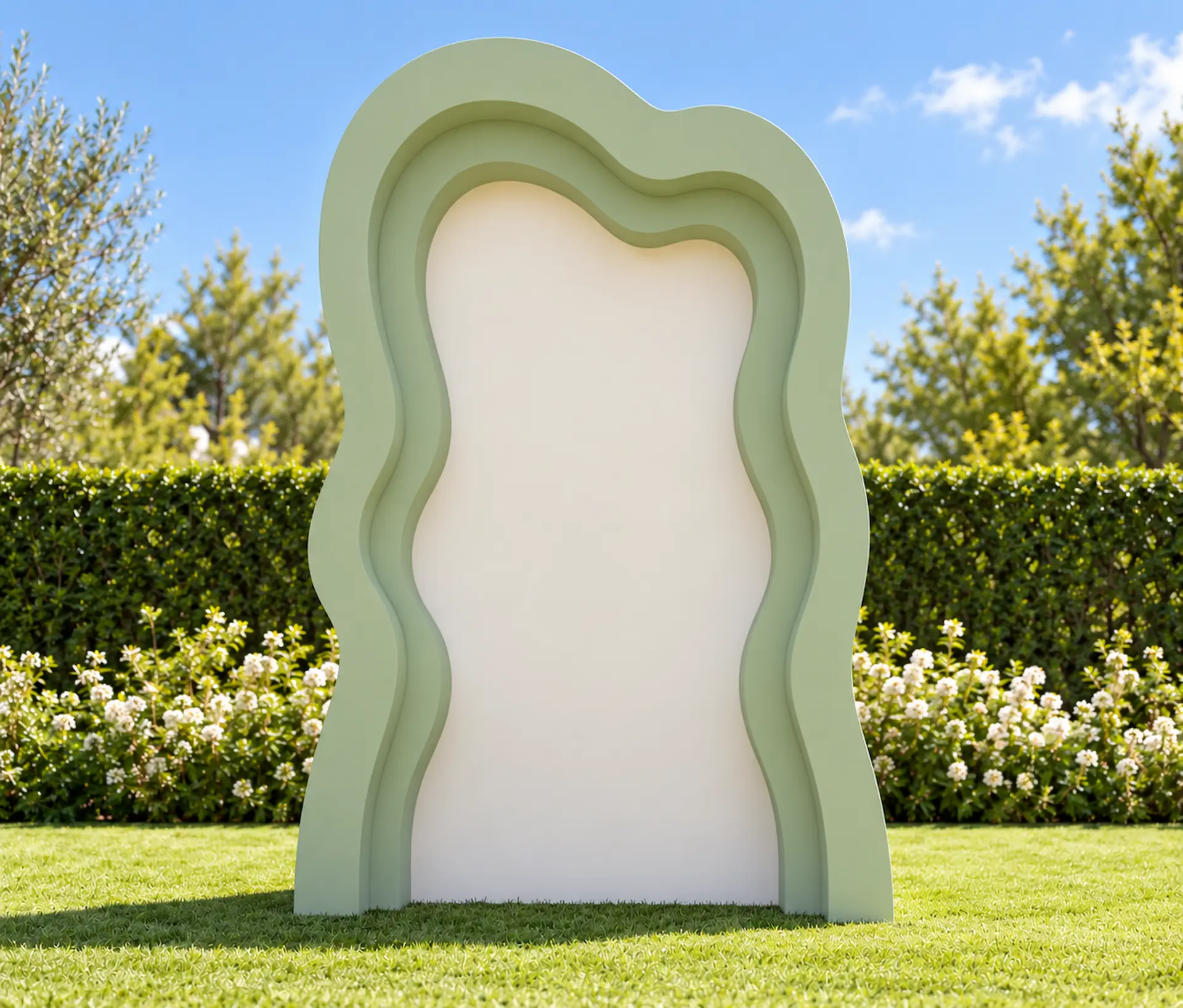 Sage green 3D wavy backdrop with a plain ivory centre panel, measuring 7 ft high by 5.5 ft wide, for weddings, showers, birthdays, and event photo displays.