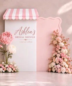 Blush and white bridal shower backdrop with striped canopy, wavy pink panel, giant flowers, custom lettering, and cascading floral arrangement.