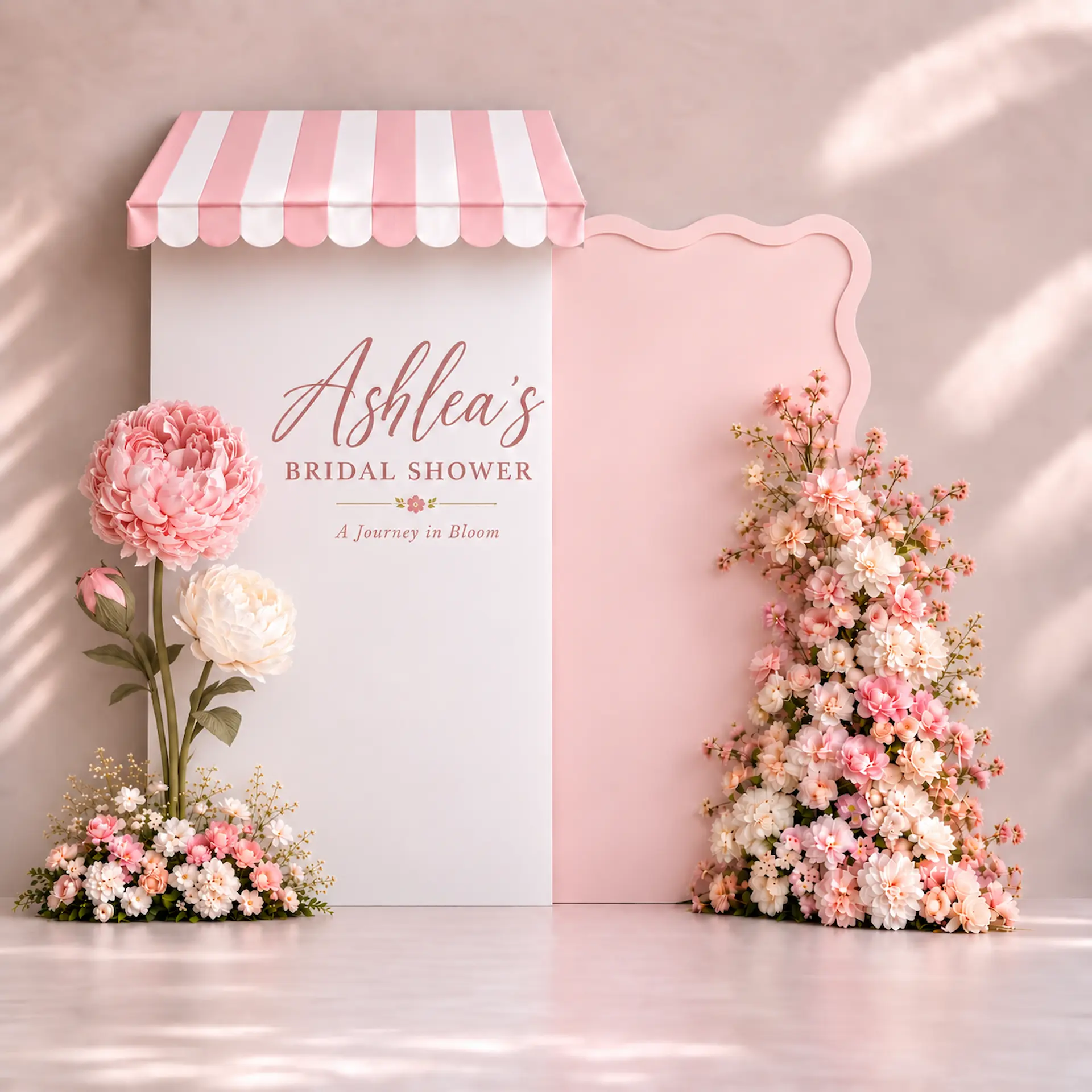 Blush and white bridal shower backdrop with striped canopy, wavy pink panel, giant flowers, custom lettering, and cascading floral arrangement.