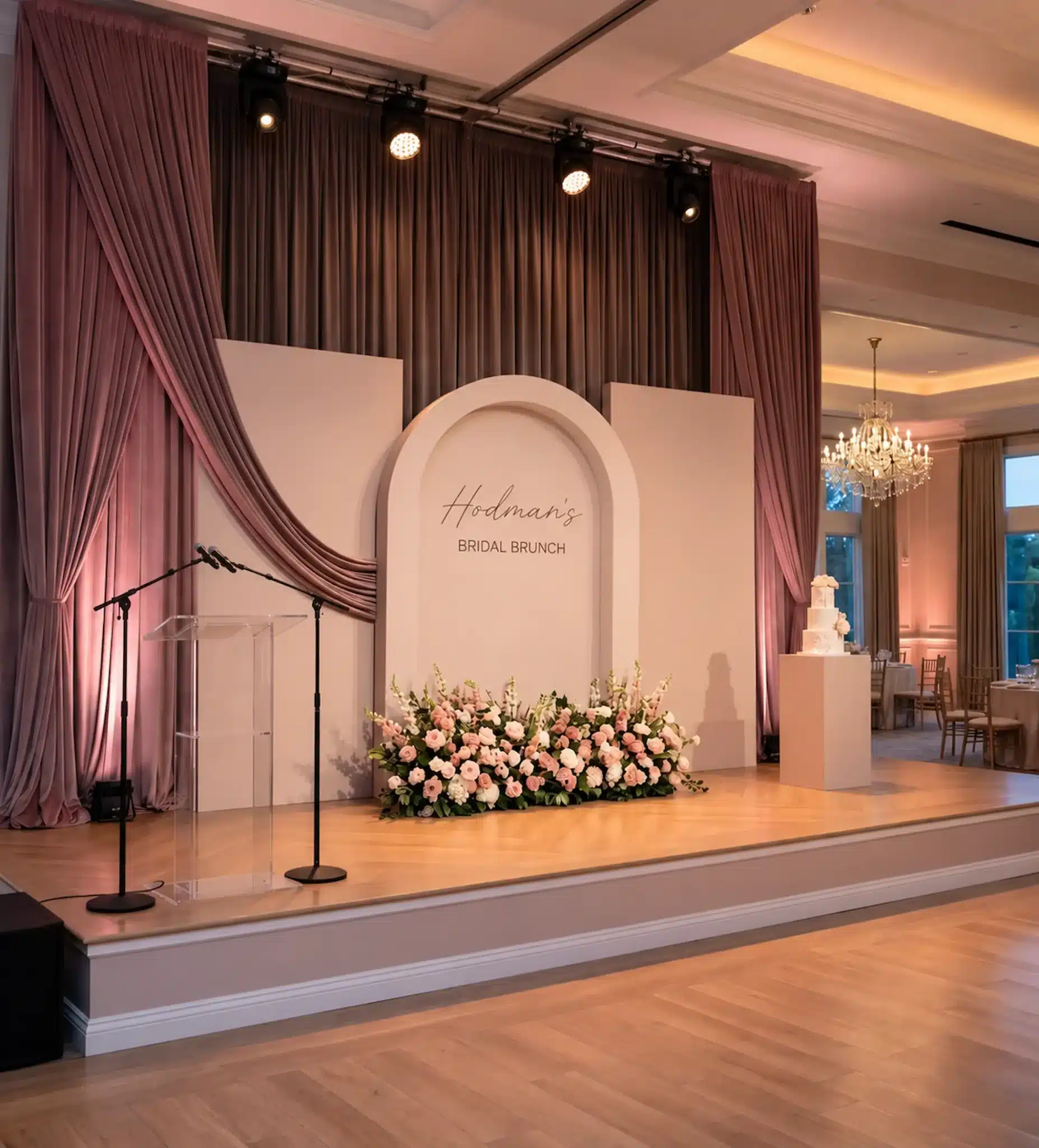 Elegant bridal brunch stage decor with layered blush backdrops, central arched panel, mauve draping, custom lettering, floral floor arrangement, acrylic podium, and cake pedestal.