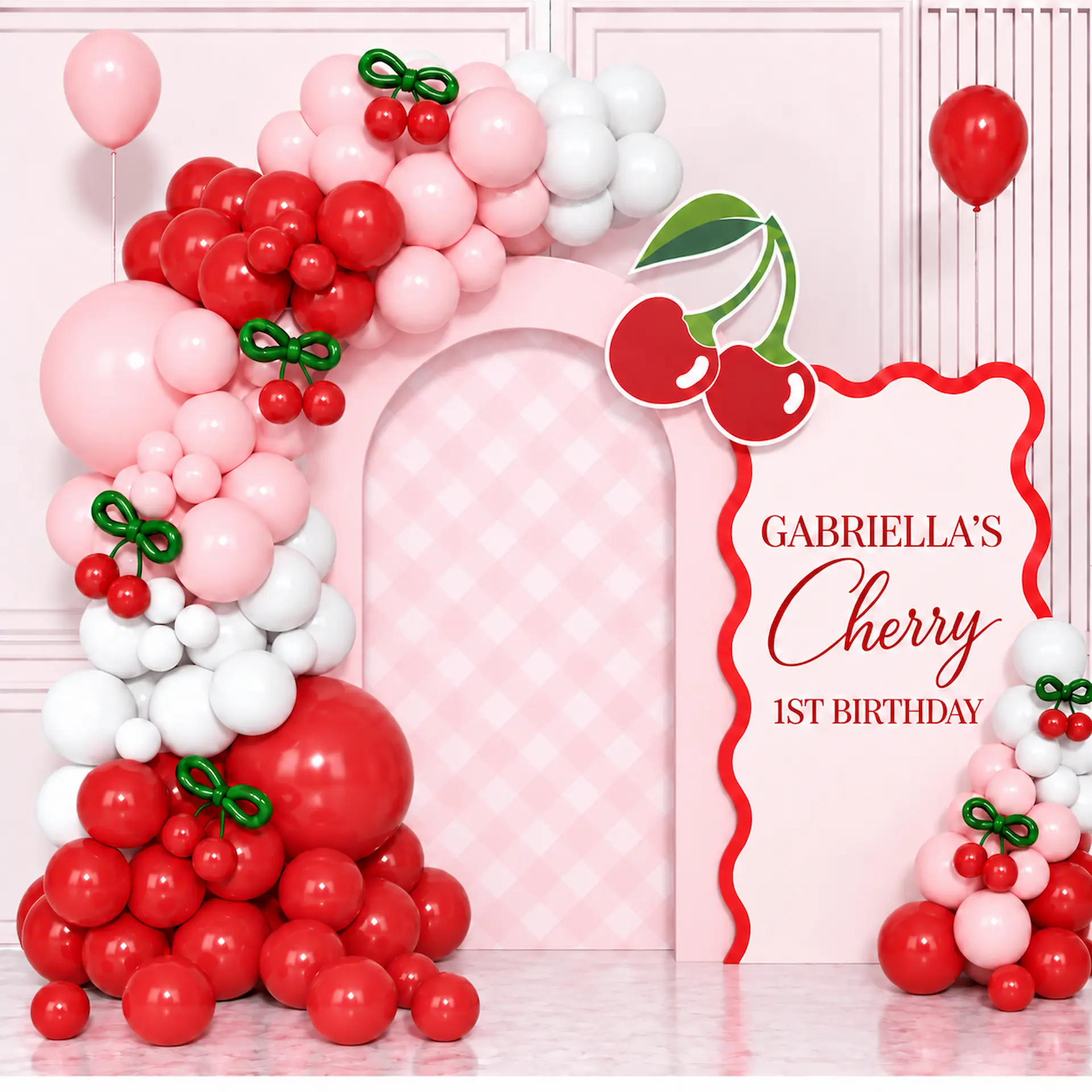 Cherry first birthday backdrop with pink, red and white balloons, custom cherry decorations, pink checkered arch, and personalized wavy birthday sign.