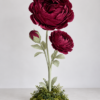 burgundy peony flower trio with two open blooms and one bud on tall green stems, finished with leaves and a lush moss-covered botanical base.