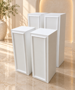 Elegant panel plinth set with classic decorative moulding in multiple heights, ideal for weddings, showers, birthdays, corporate events, cake displays, floral arrangements, and luxury event décor.