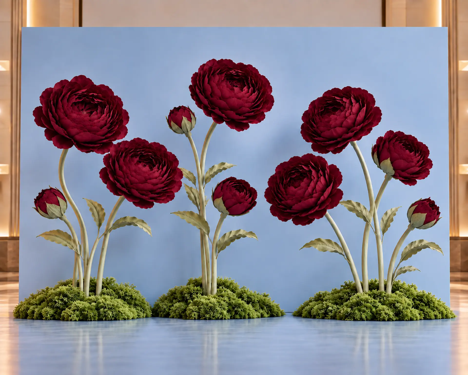 Giant burgundy peony flowers with coordinating buds, tall sculptural stems, and green moss-covered bases displayed in front of a light blue event backdrop.