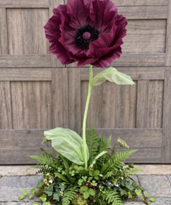 Giant burgundy poppy flower with a sculptural green stem, oversized leaves, and a lush greenery base with ferns, ivy, and moss.