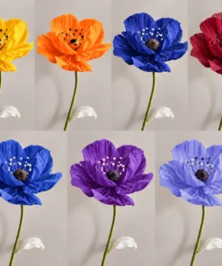 Giant Silk Poppy Collection displayed in seven colour options including yellow, orange, royal blue, burgundy red, bright blue, purple, and periwinkle, each with a tall green stem and decorative leaf.
