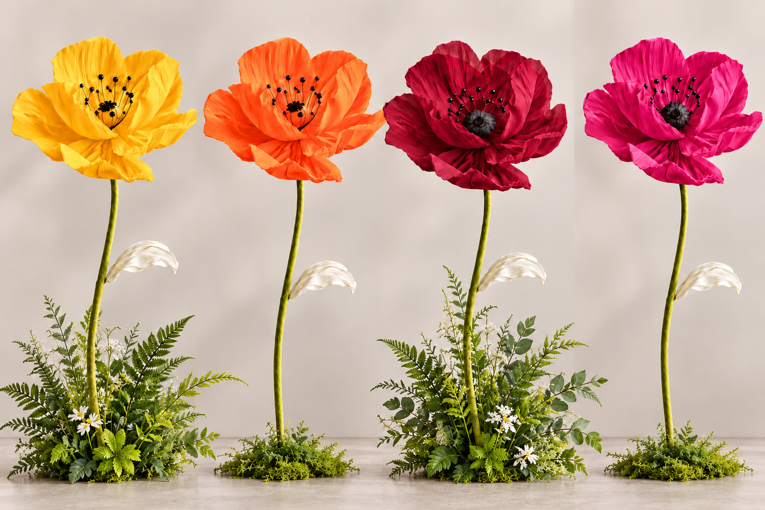 giant silk poppy flowers in yellow, orange, deep burgundy red, and fuchsia pink with tall green stems and decorative leaves.