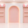 Pink and white boutique-themed event backdrop rental featuring a tall white arched centre panel, two pastel pink display panels with striped scalloped awnings, and white floating shelves.