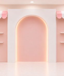 Pink and white boutique-themed event backdrop rental featuring a tall white arched centre panel, two pastel pink display panels with striped scalloped awnings, and white floating shelves.