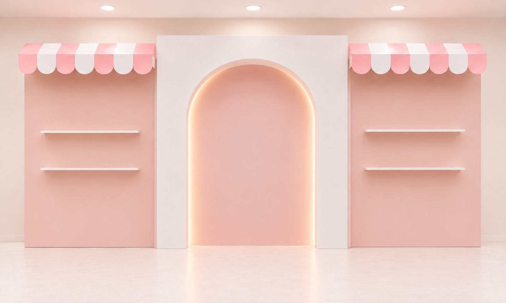 Pink and white boutique-themed event backdrop rental featuring a tall white arched centre panel, two pastel pink display panels with striped scalloped awnings, and white floating shelves.